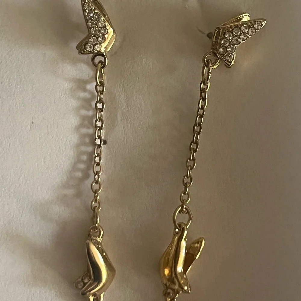 Gold 3 Inch Long Dangle Boho Butterfly Earrings With Crystal Gemstones~ New - Picture 3 of 8